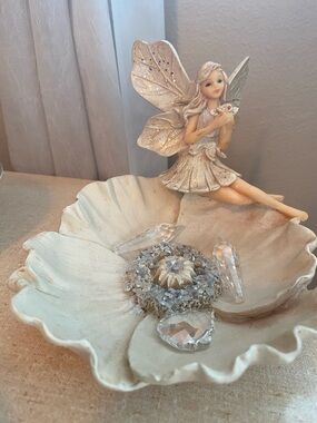 Fairy Trinket Jewelry Dish with silver sparkles and golden sparkled fairy